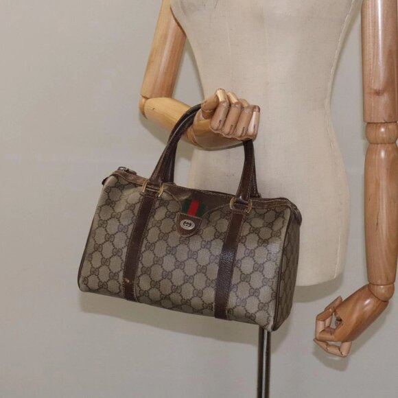 GUCCI GG Supreme Web Sherry Line Hand Bag PVC Beige Gold - Picture 14 of 16
